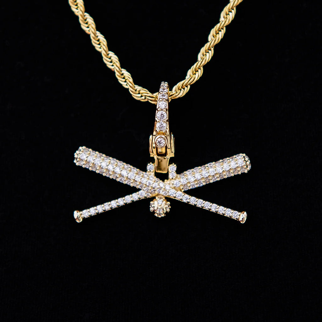 Iced Baseball Bat Clip On Pendant - Yellow Gold