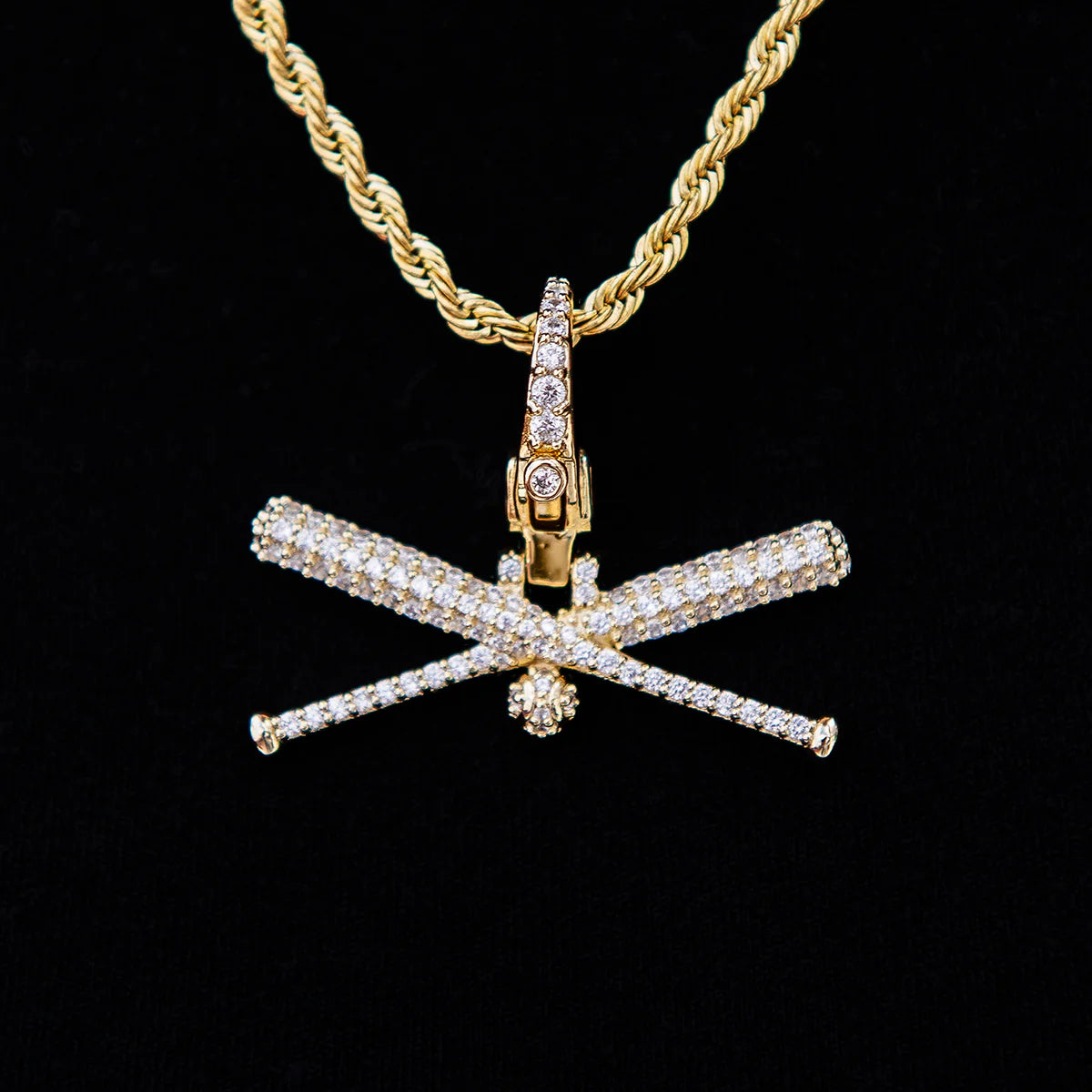Iced Baseball Bat Clip On Pendant - Yellow Gold
