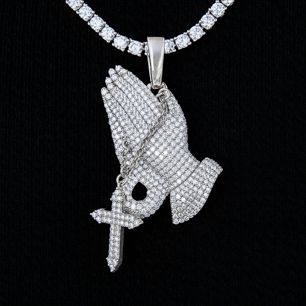 Moissanite Praying Hands Pendant in Sterling Silver