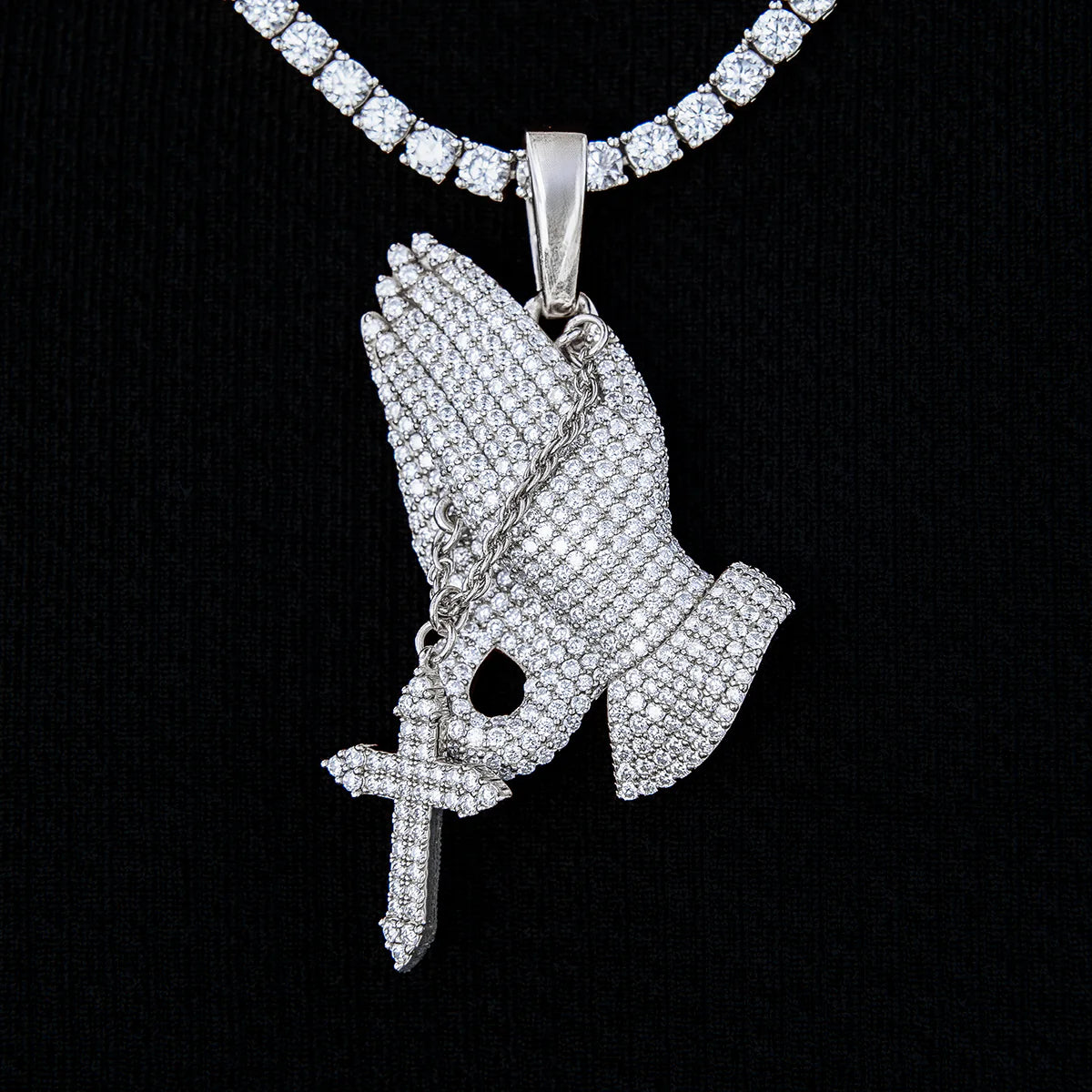 Moissanite Praying Hands Pendant in Sterling Silver