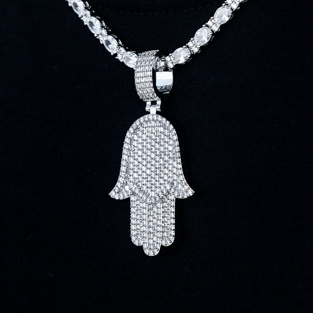 Large Iced Baguette Hamsa Pendant in White Gold