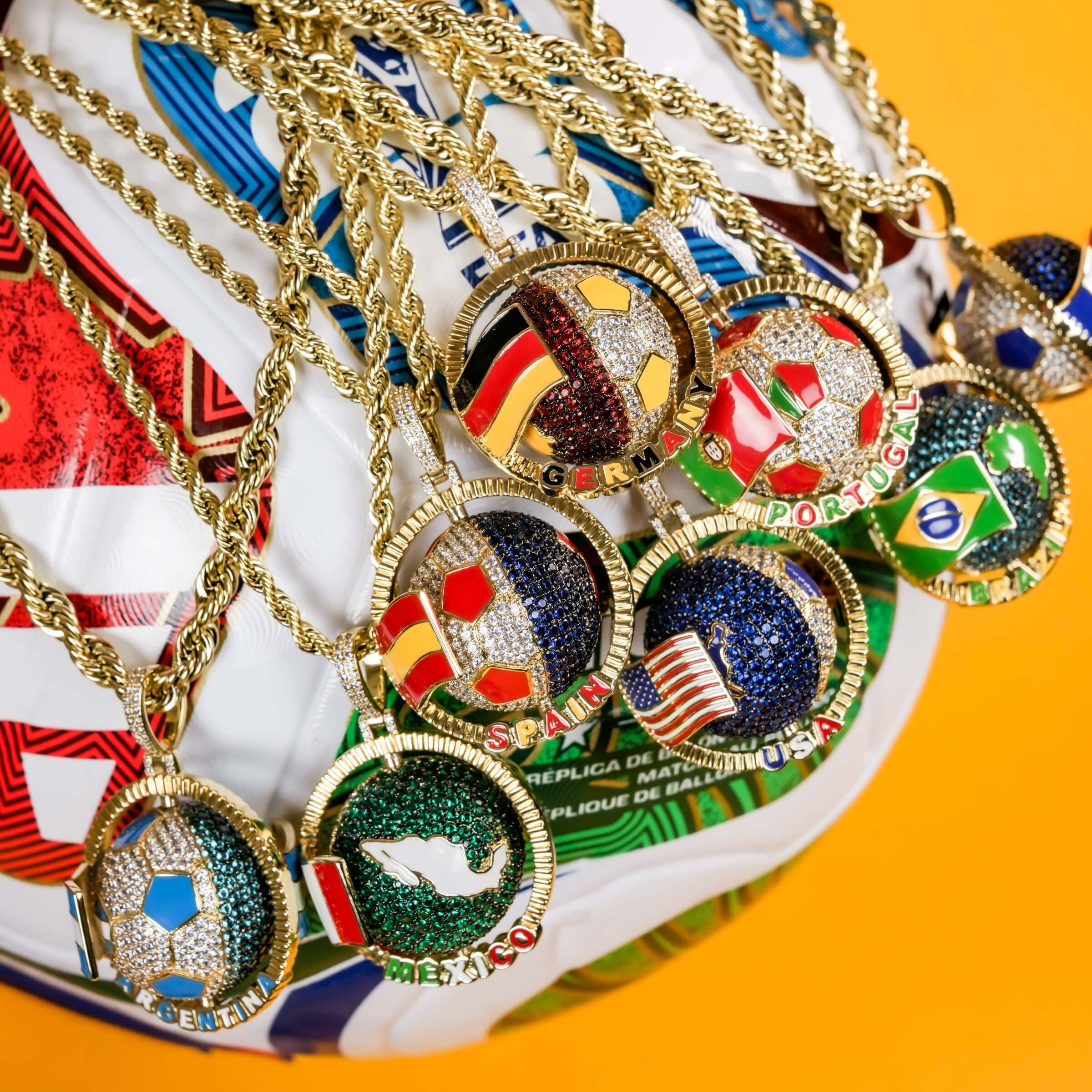 Diamond Brazil Spinning Globe Flag Pendant in Yellow Gold