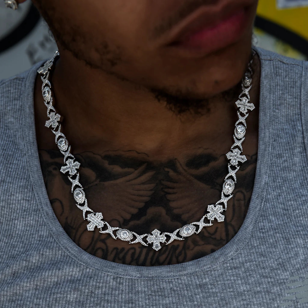 Baguette Cross Evil Eye Chain + Bracelet in White Gold