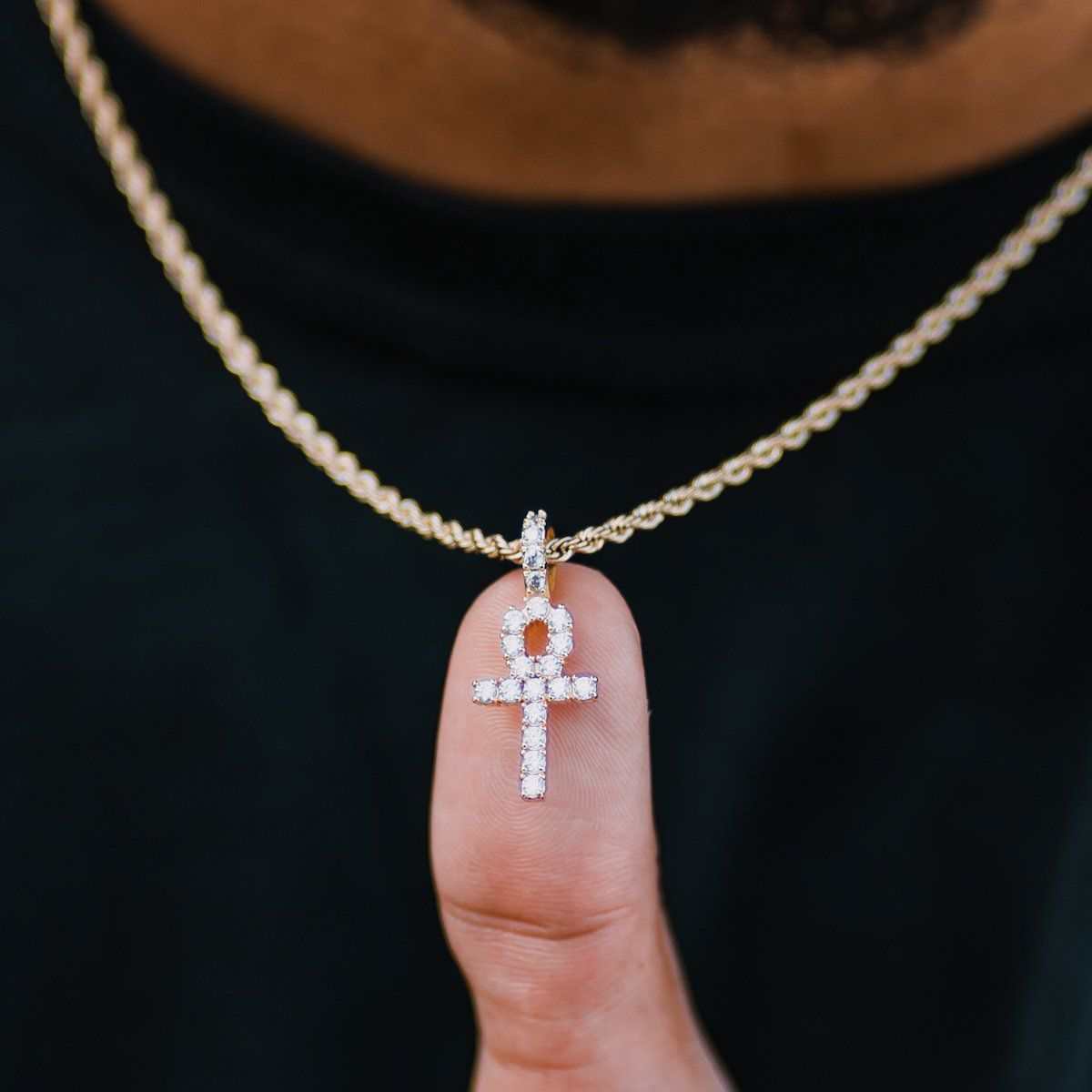 Solid Gold Micro Ankh Cross Pendant-VS Diamonds