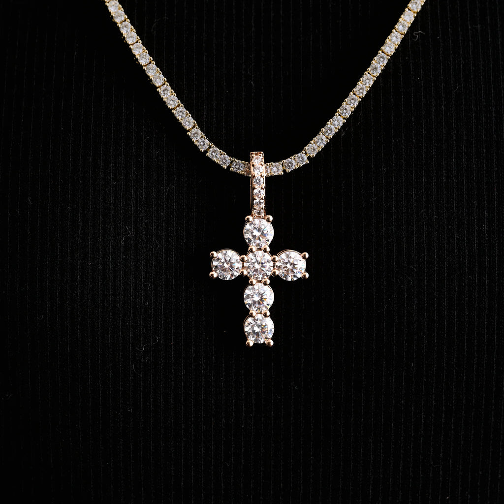 Micro Iced Round Cross Pendant in Rose Gold