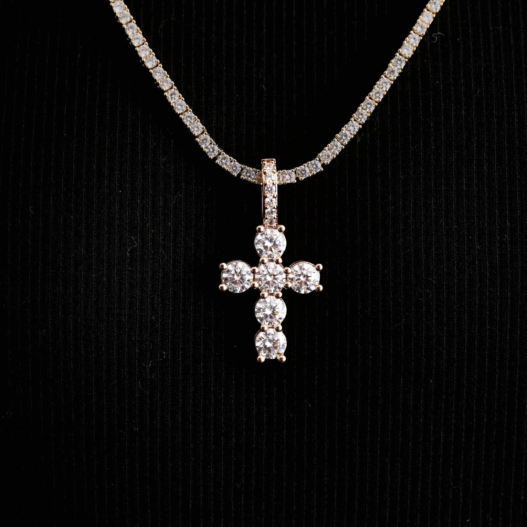 Micro Iced Round Cross Pendant in Rose Gold