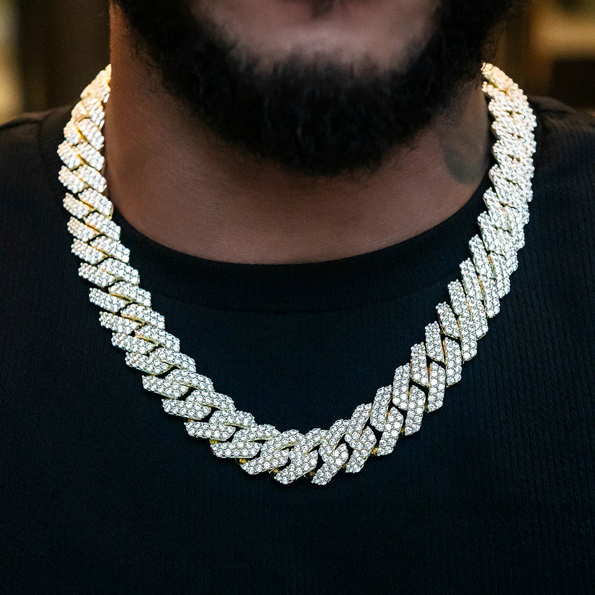 Diamond Prong Cuban Chain in Yellow Gold - 19mm