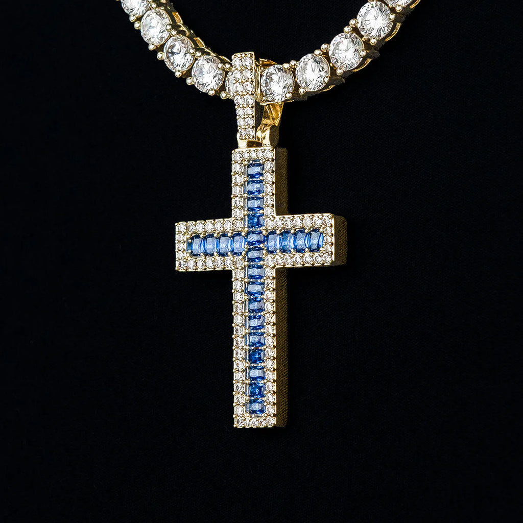 Blue Baguette Cross Pendant