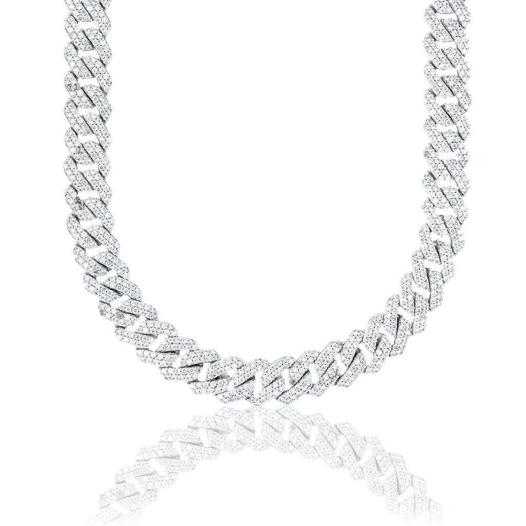 Moissanite Diamond Prong Cuban Chain in Sterling Silver - 12mm