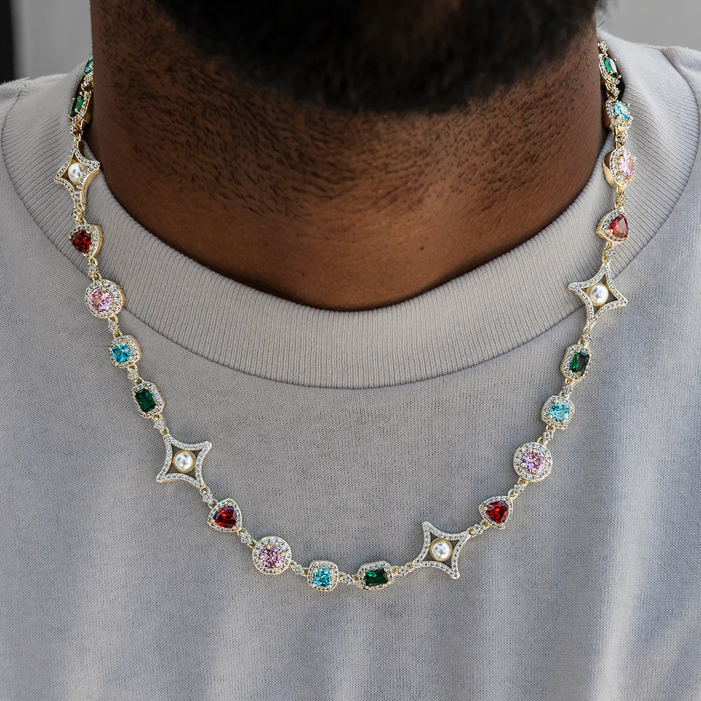 Colored Gemstone Pearl Chain + Rosary Bundle in Yellow Gold - 17mm
