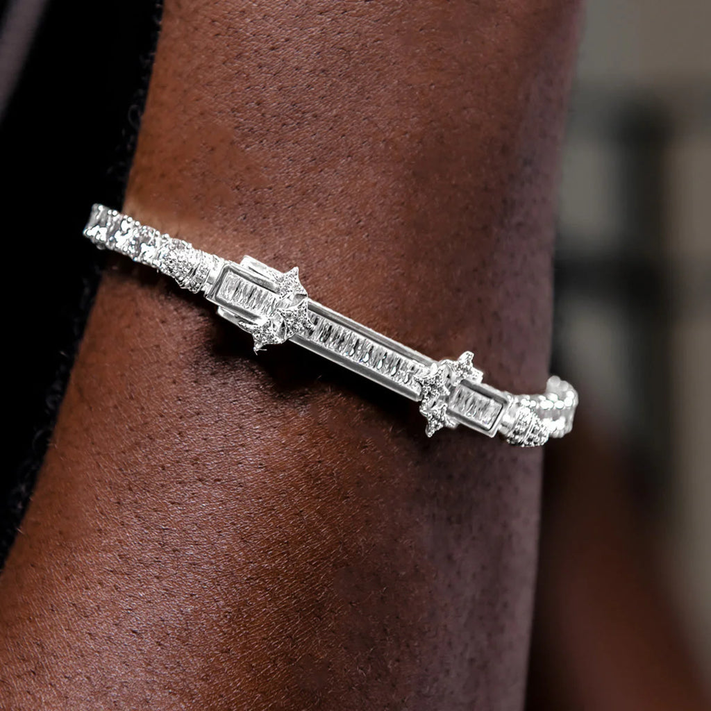 Iced Baguette Bar Bracelet in White Gold