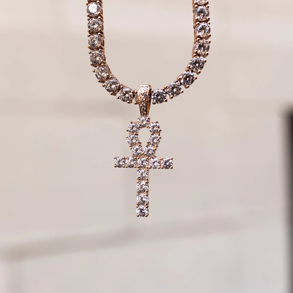 Iced Ankh Cross Pendant in Rose Gold