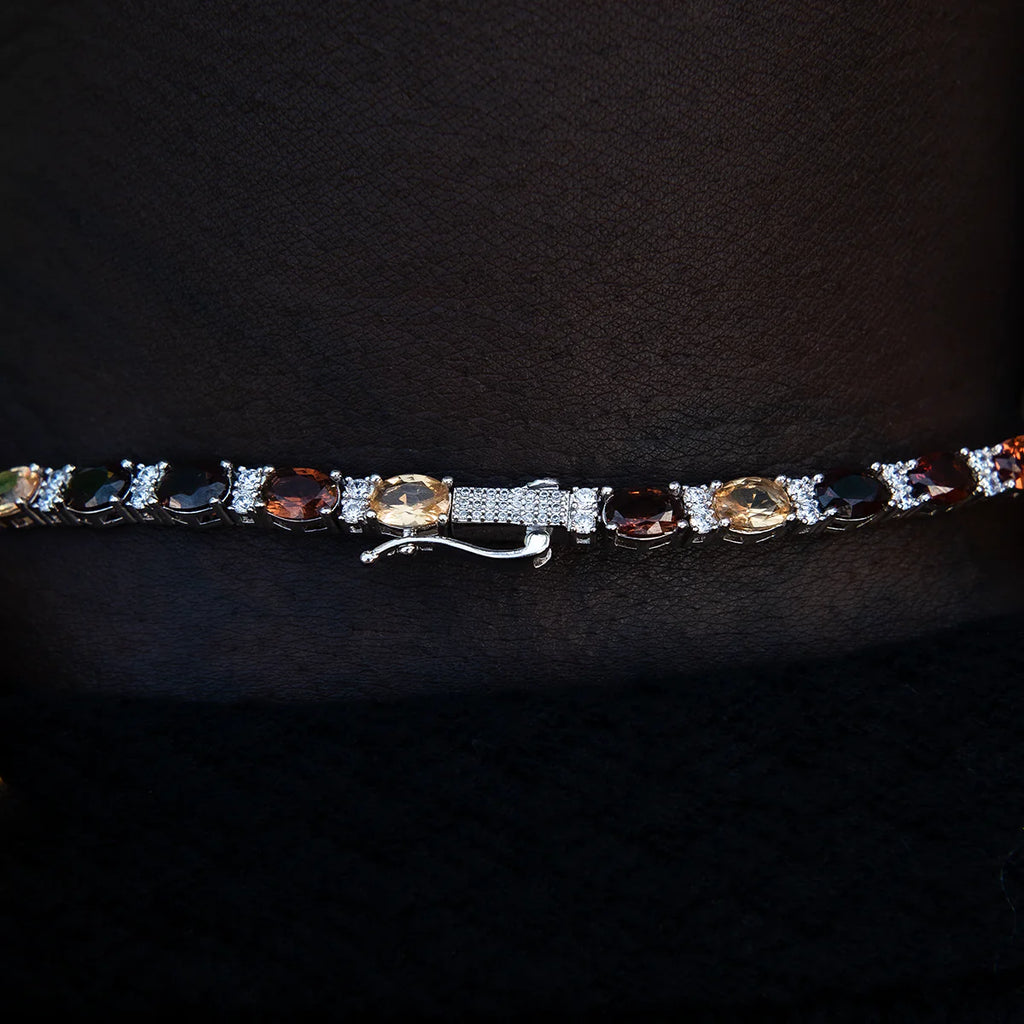 Multicolor Mixed Oval Cut Tennis Tonal Brown Stones Chain + Bracelet Bundle- 5mm