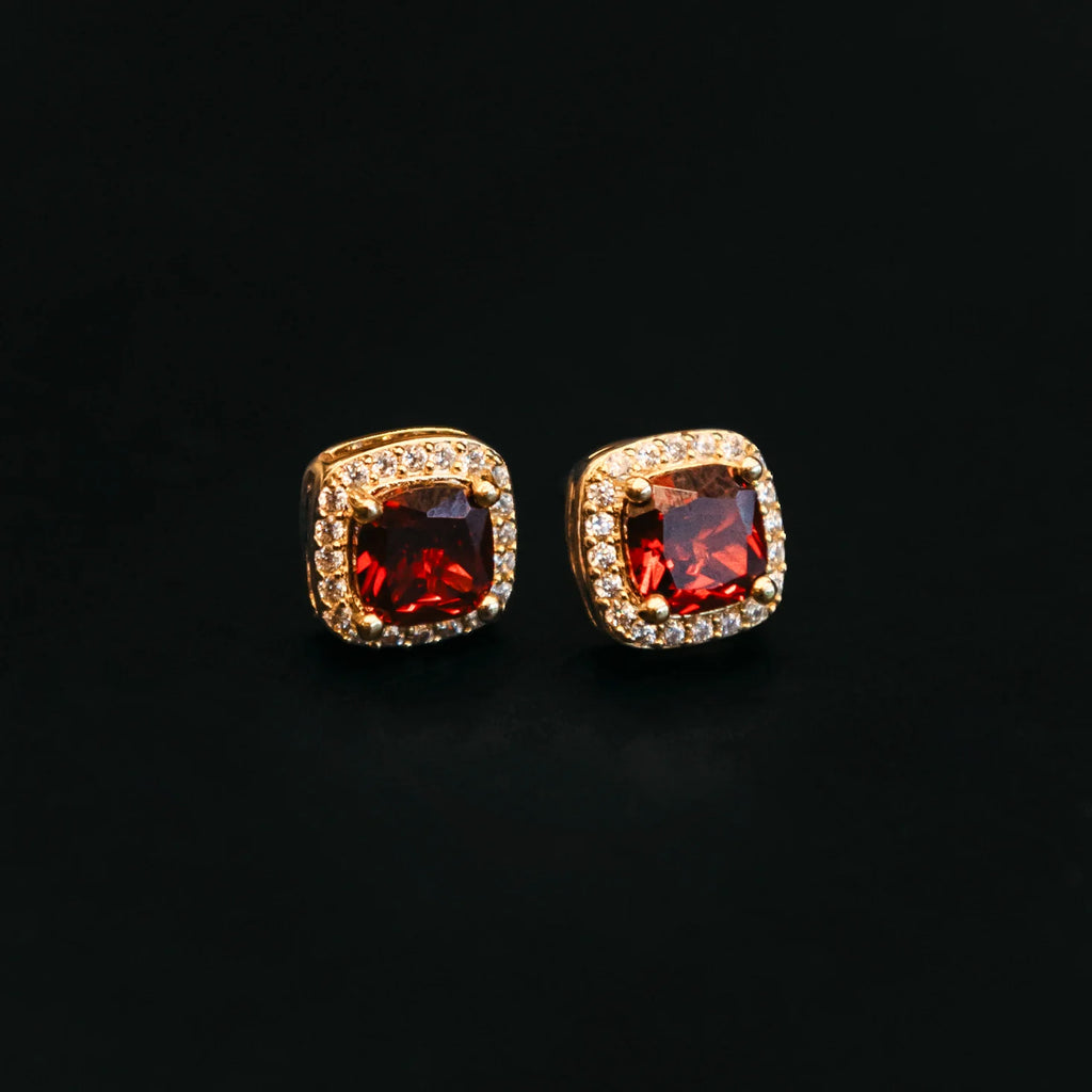 Ruby Cushion Cut Earrings in Yellow Gold