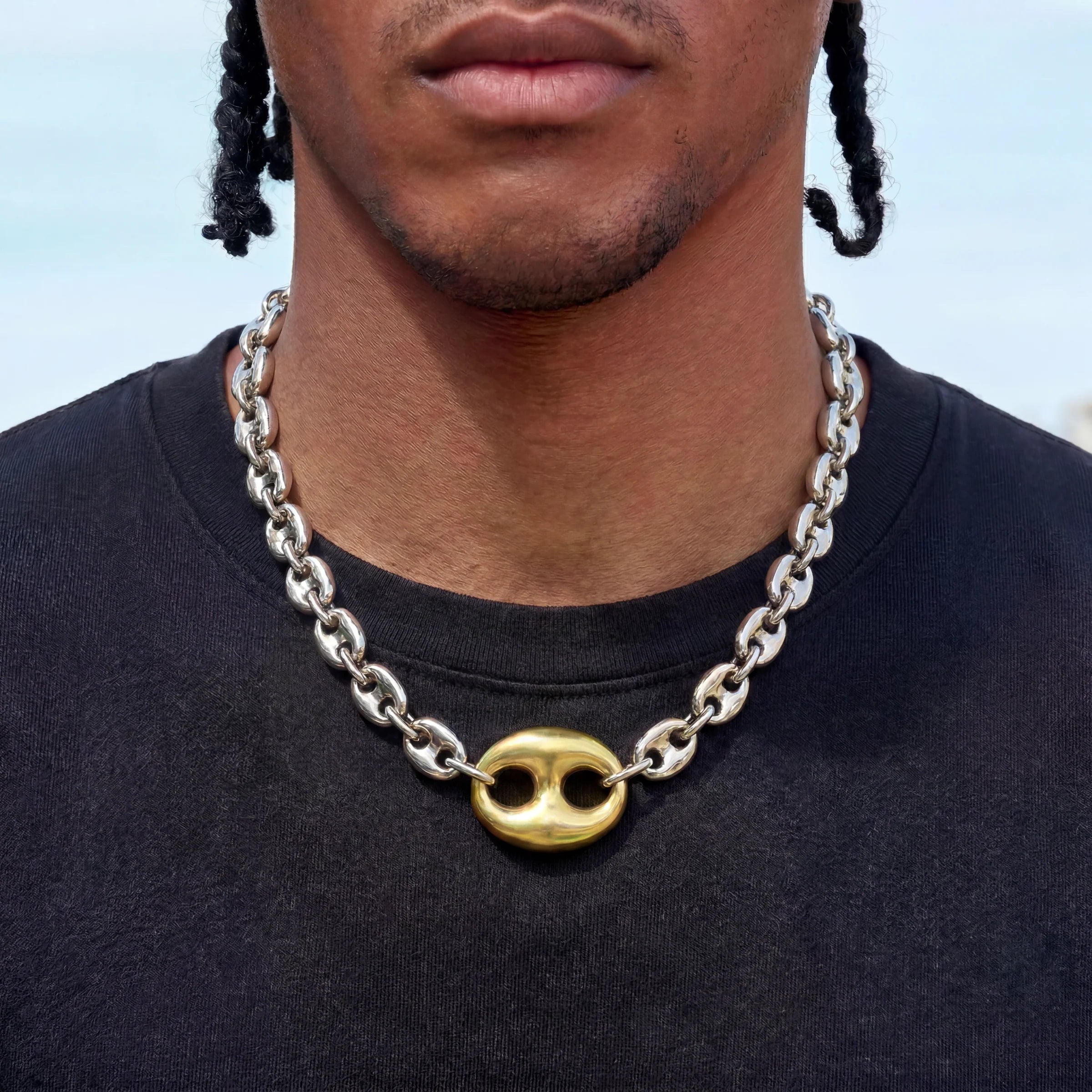 Two Tone Large Link Puffed Mariner Chain Necklace in White & Yellow Gold - 15mm