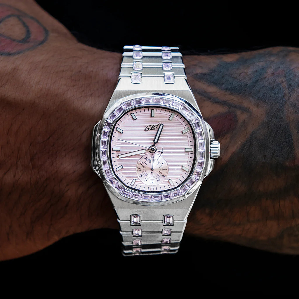 39MM Visionary Moissanite Iced Pink Stone Band Watch - White Gold