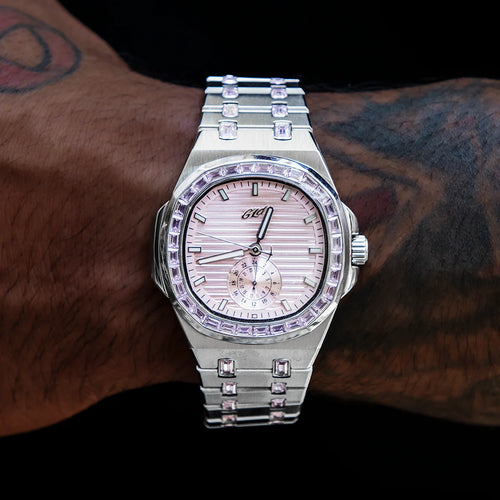 39MM Visionary Iced Pink Stone Band Watch - White Gold