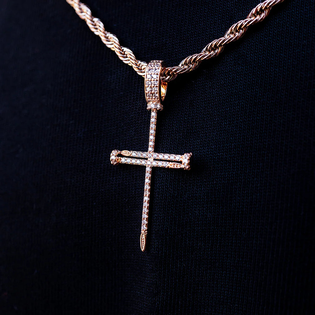 Iced Nail Cross Pendant in Rose Gold