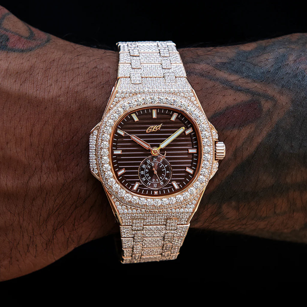 39MM Visionary Fully Iced Case & Chocolate Dial Watch - Rose Gold