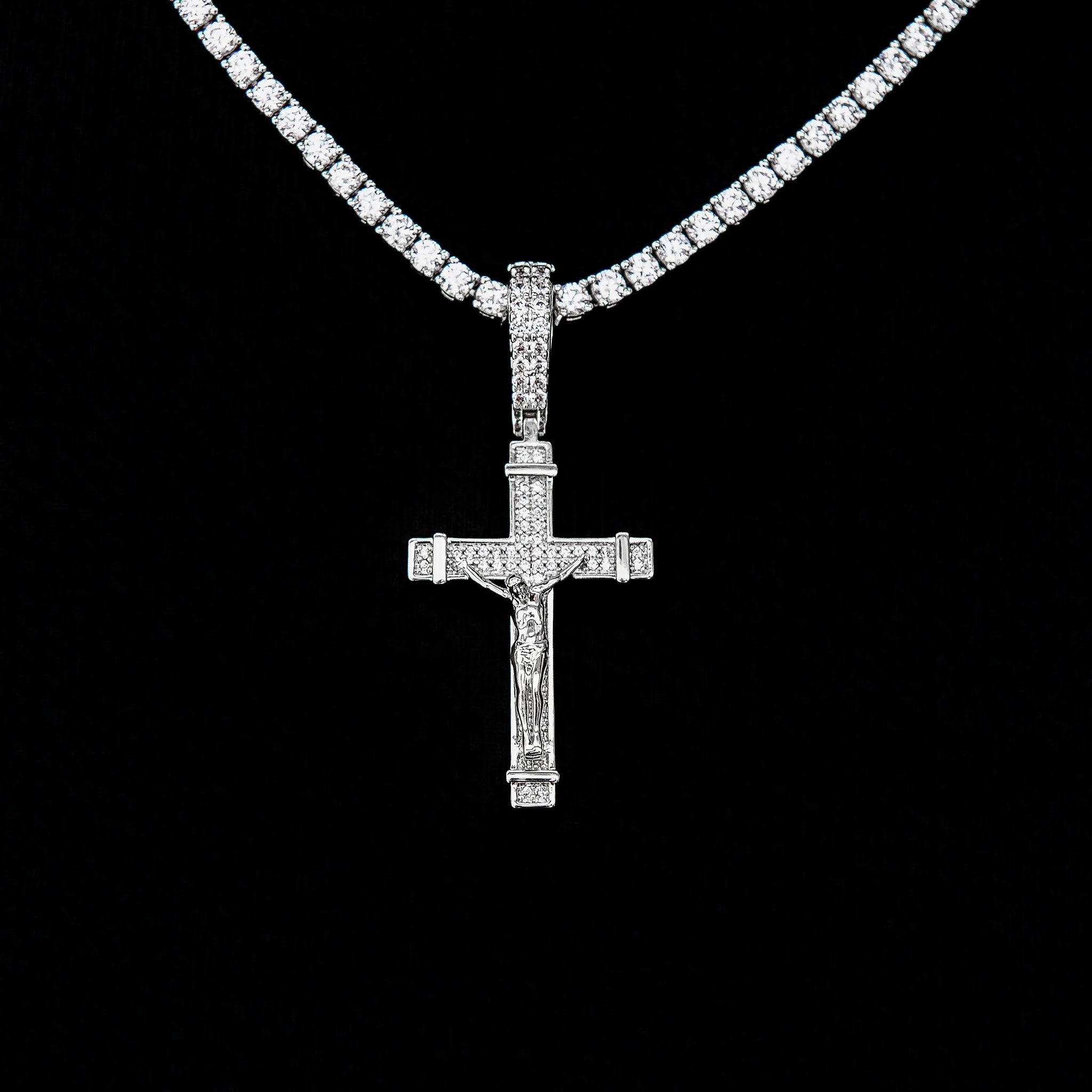 Iced Flat Crucifix Cross Pendant in White Gold