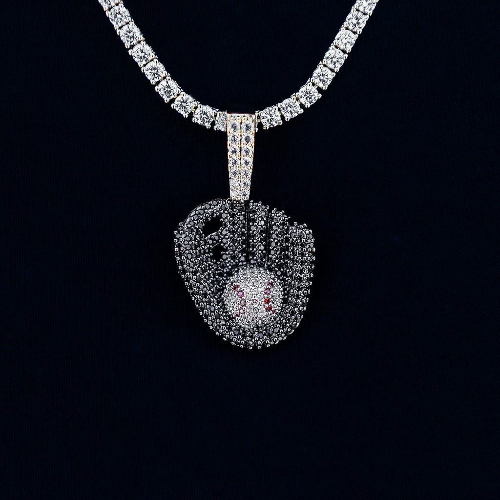 Iced Black Baseball Pendant in Yellow Gold