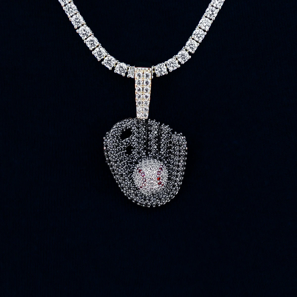 Iced Black Baseball Pendant in Yellow Gold