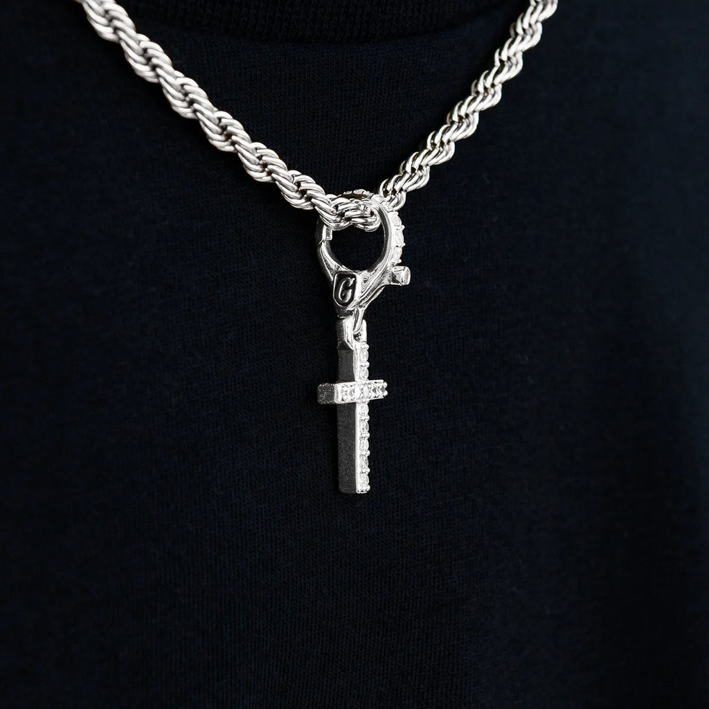 Iced Micro Cross Clip On Pendant in White Gold