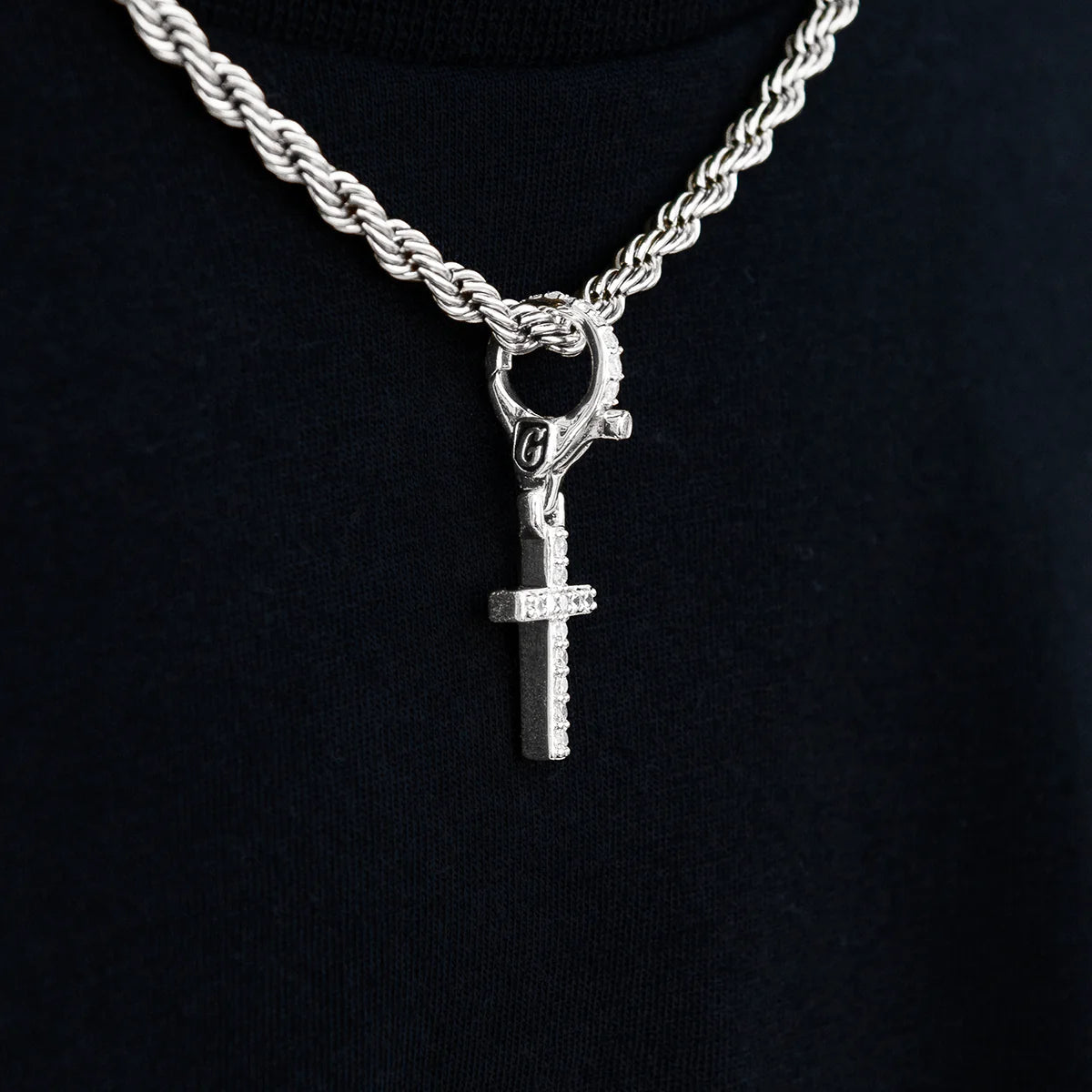 Iced Micro Cross Clip On Pendant in White Gold