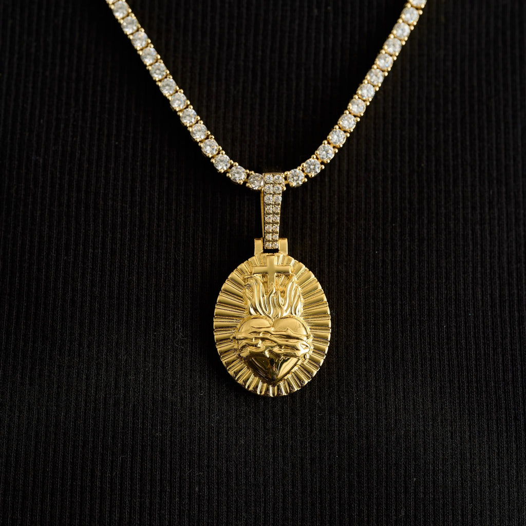 Simple Fire Heart Cross Pendant in Yellow Gold