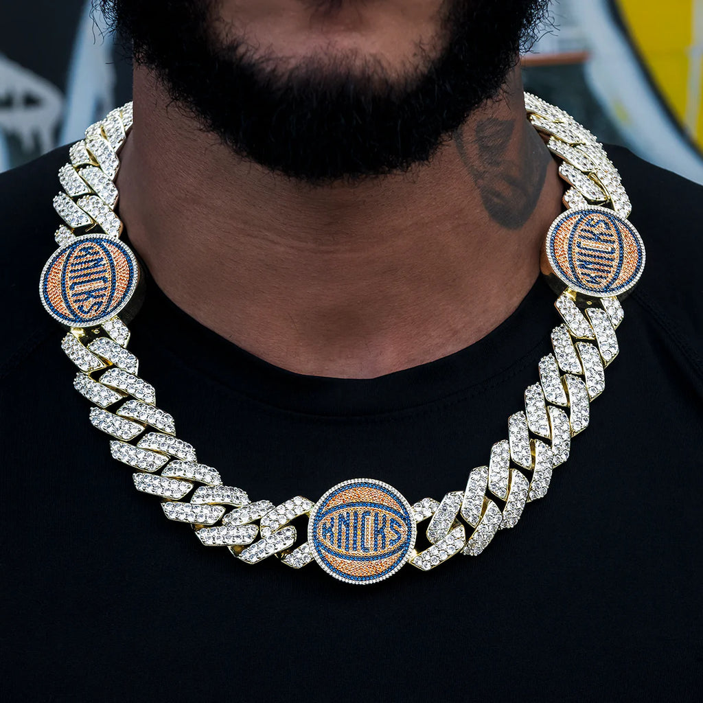 New York Knicks Official NBA Diamond Prong Cuban Chain in Yellow Gold- 25mm
