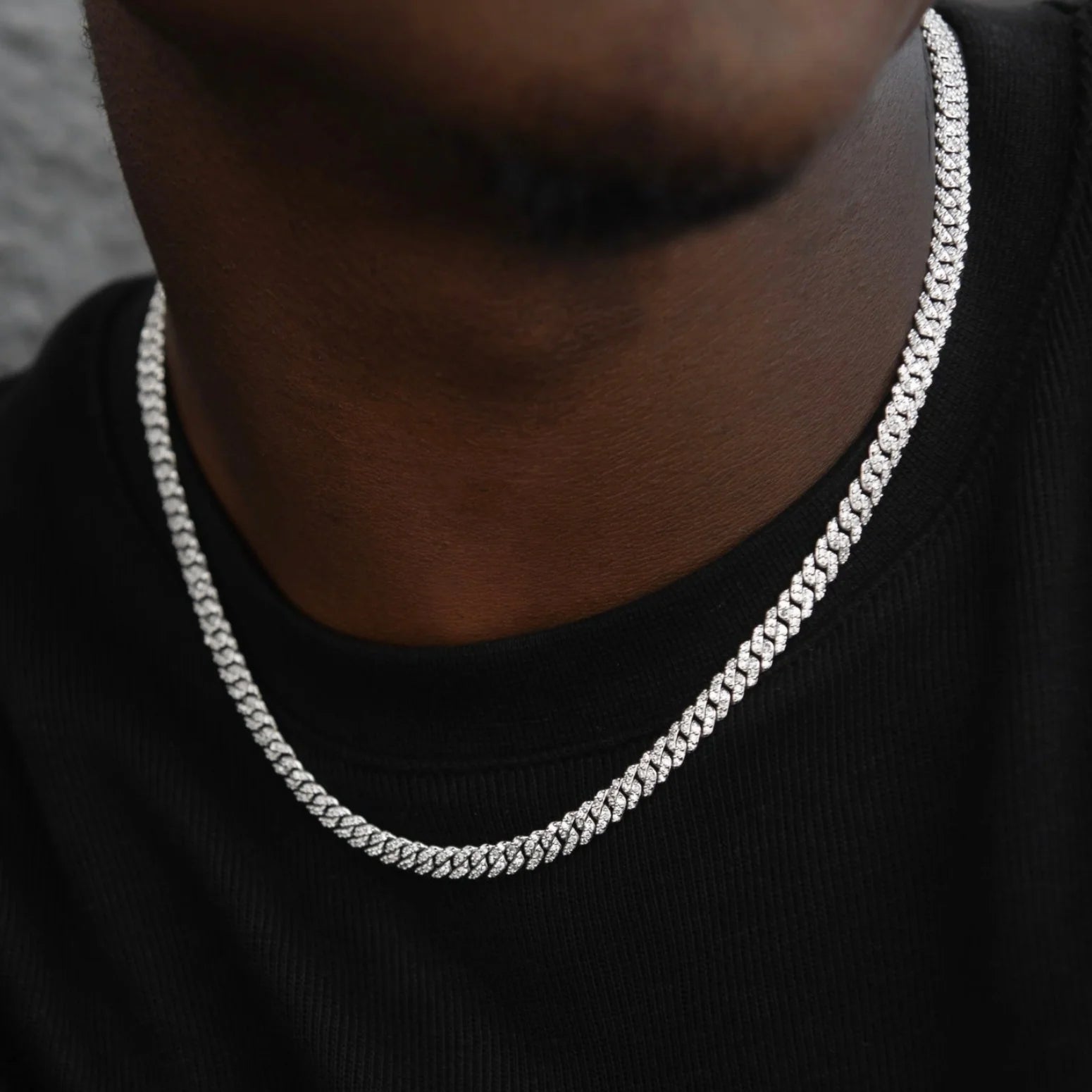 Men's 6MM Micro Diamond Prong Moissanite Cuban Chain Necklace in White Gold Vermeil