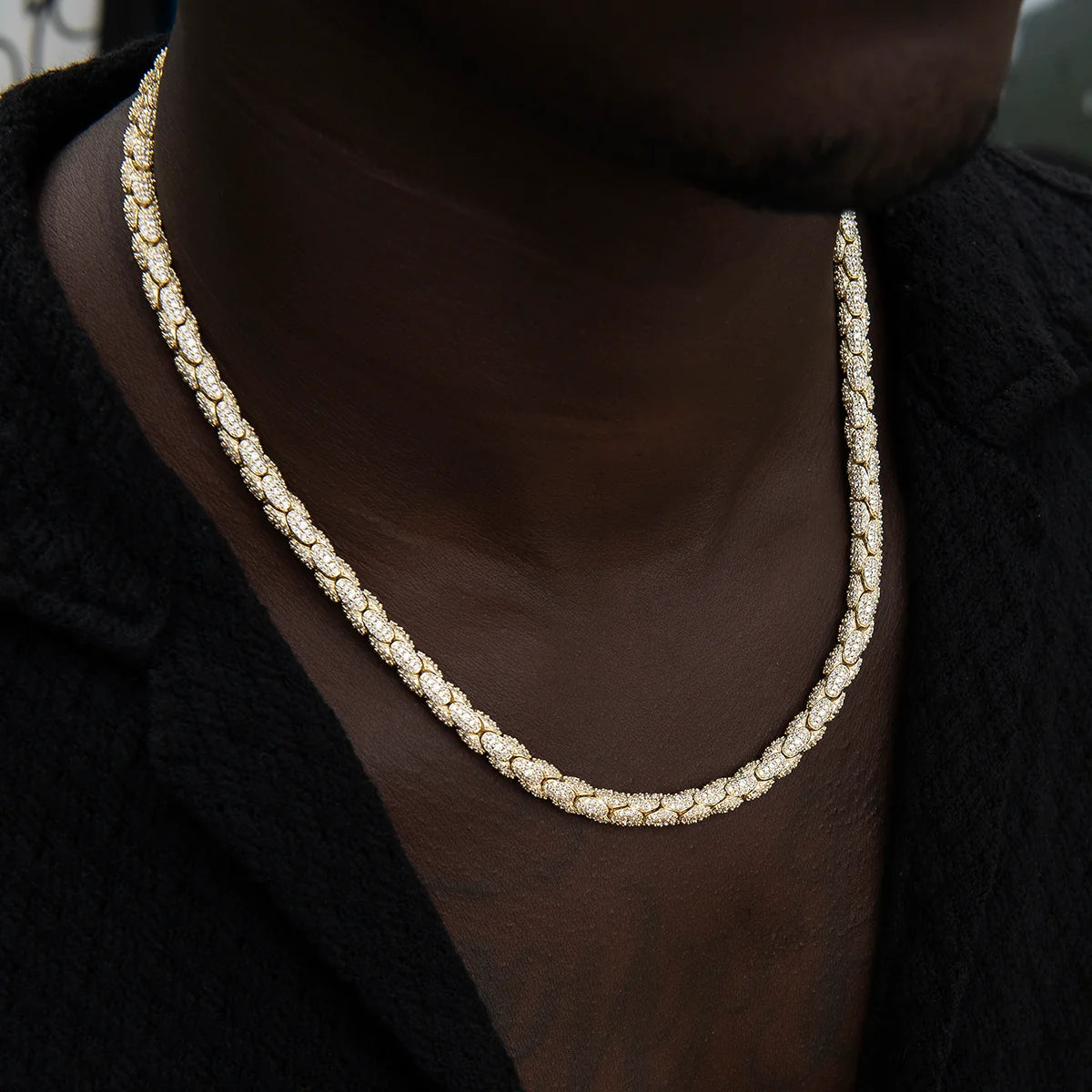 Diamond Pave Snake Link Chain in Yellow Gold-6mm