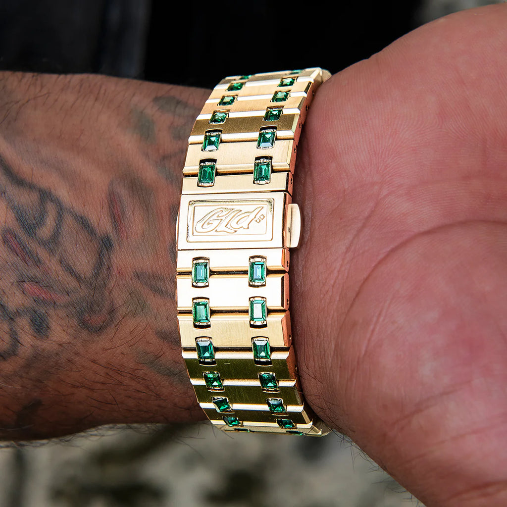 39MM Visionary Moissanite Iced Emerald Stone Band Watch - Yellow Gold