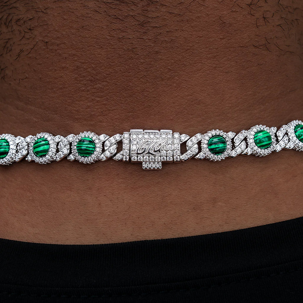 10mm Iced Halo Cuban Chain with Malachite in White Gold