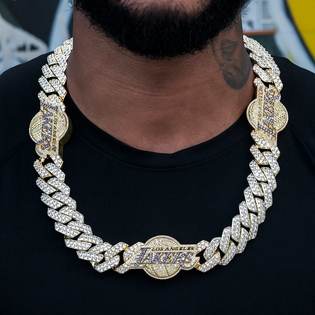 Los Angeles Lakers Official NBA Diamond Prong Cuban Chain in Yellow Gold- 25mm
