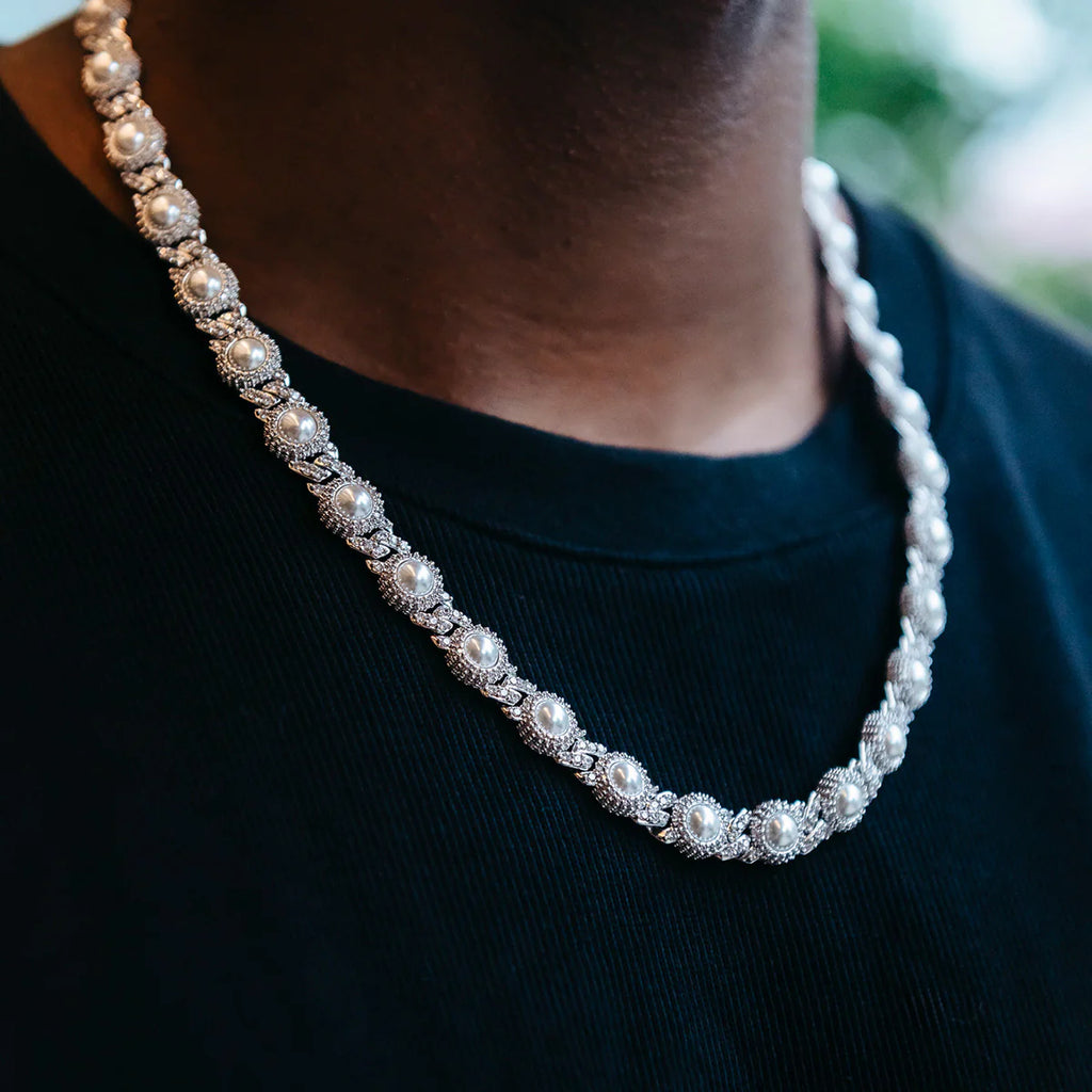 10mm Iced Halo Cuban Chain with Pearls in White Gold