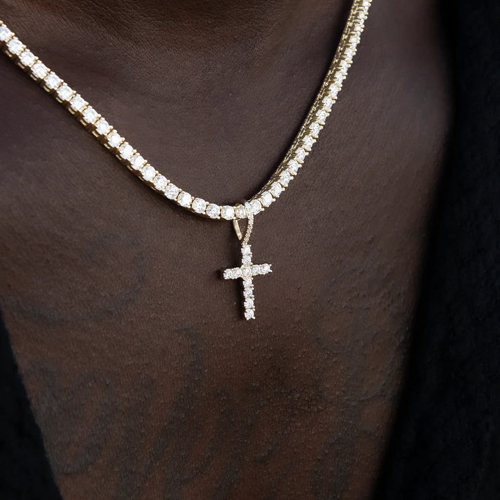 Men's Moissanite Diamond Cross Micro Pendant in Yellow Gold Vermeil